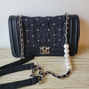 Badgley Mischka Denim Diamond Quilted Crossbody Bag Purse w/Faux Pearls